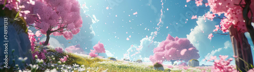 Blossoming adventure under dreamy skies, a floral future unfolds in a panorama