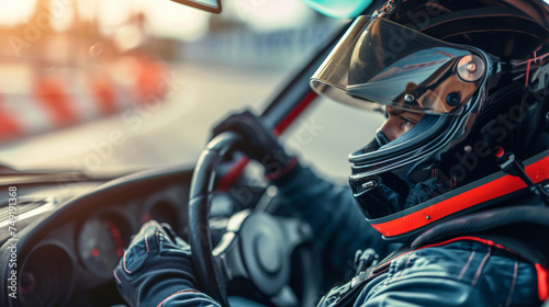 A racer, clad in a helmet, skillfully maneuvers a sleek sports car around a winding track.