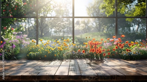 Wood table top on blur of window with garden flower background in morning.