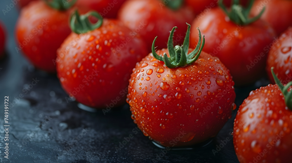 dark surface topped with several red cherry tomatoes. Some of the tomatoes have green stems, and some have water droplets on them. dark surface topped with several red cherry tomatoes. Some of the tomatoes have green stems, and some have water droplets on them.