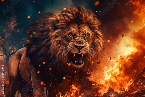 A lion bravely making its way through a forest engulfed in flames, symbolizing the struggle against a dangerous wildfire photo