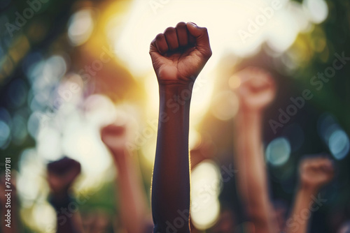Black fist waving in the air. People raising fist in the unfocused background in a pacifist protest against racism demanding justice. Black lives matter. Fight racism. Human rights. Blackout Tuesday