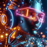 Futuristic lady with glowing headphones and visor glasses, techno music concept