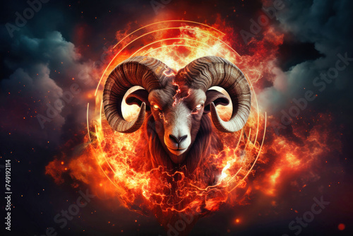 A ram with prominent horns stands defiantly in the center of a blazing circle of fire, symbolizing the zodiac sign Aries photo