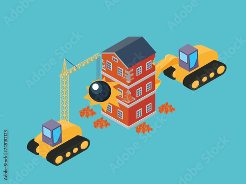 Destruction of the house with the help of excavators 3d isometric vector illustration
