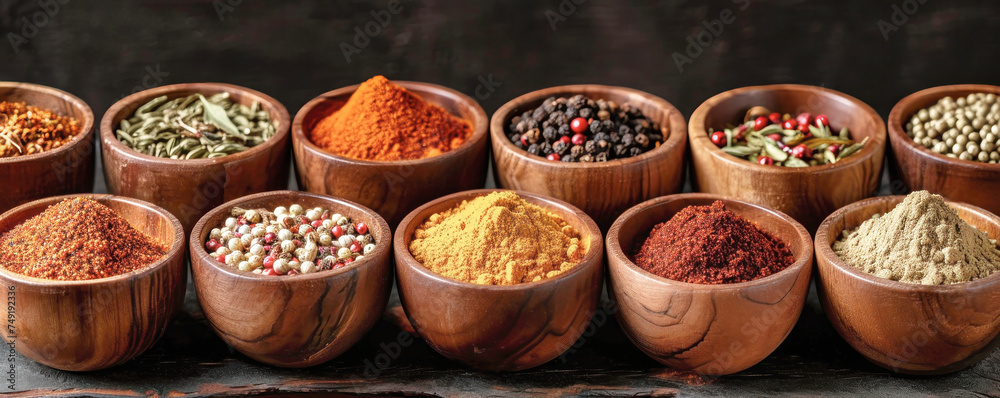 Three Wooden Bowls Filled With Different Types of Spices