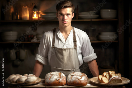 Male Baker Standing in Front of Bread-Filled Table