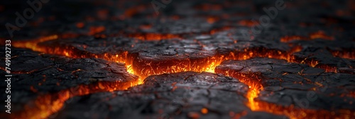 Burning ground close-up. Fire is showing through cracks in the ground. Volcanic magma bursting out. The first close up shots. Cracked black earth, fire, sparks and ash. Hot background!