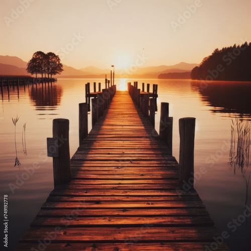 Wooden pier extends out into the open lake waters 