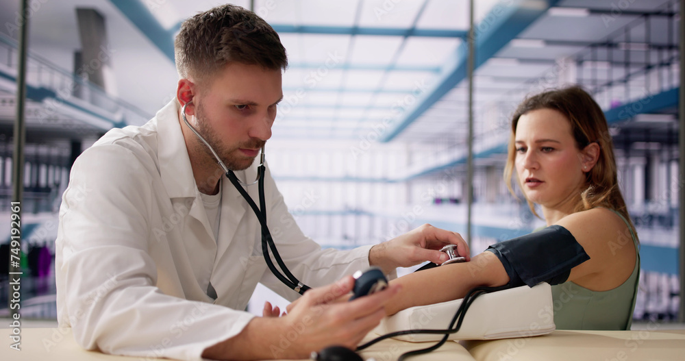 Fototapeta premium Male Doctor Checking Pregnant Woman Blood Pressure