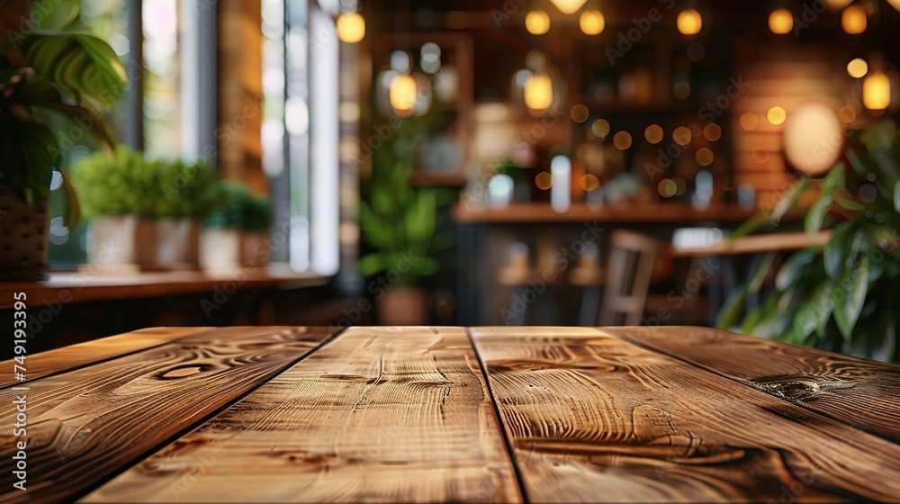 Wooden board empty table in front of blurred background. Perspective brown wood over blur in coffee shop Wooden board empty table in front of blurred background. Perspective brown wood over blur in coffee shop