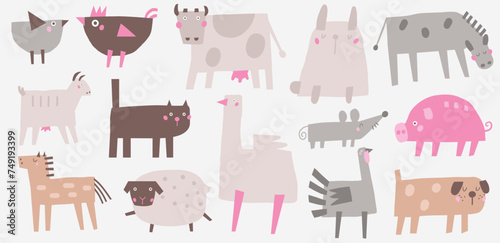 Farm, rural animals, pets set. Cute hand drawn doodle cat, goat, donkey, bunny, cow, chicken, dog, goose, turkey, pig, sheep, horse donkey goat mouse Items icons in children style for kids
