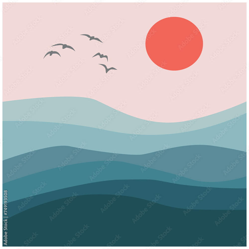 Vector illustration of a seascape. Interior poster, sunset and ocean and seagulls above it.