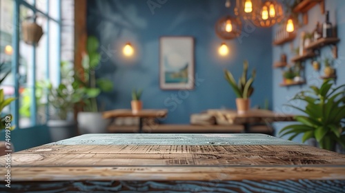 Wooden board empty Table Top And Blue Interior over blur in coffee shop Background, Mockup for display of product