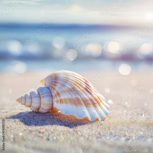 A seashell on a sandy beach, detailed texture and natural colors highlighted by the soft morning light