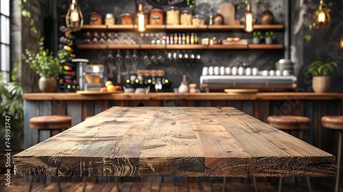 Wooden board empty Table Top And Blur Interior over blur in coffee shop Background © INK ART BACKGROUND