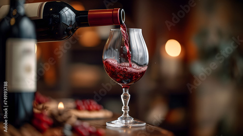 A wine bottle, with its elegant shape and deep red liquid inside, is being poured into a crystal glass, ready to be enjoyed during a romantic dinner. Neural network generated image. Not based on any