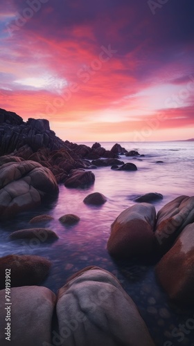 Red sky over a rocky seashore. Sunset landscape.