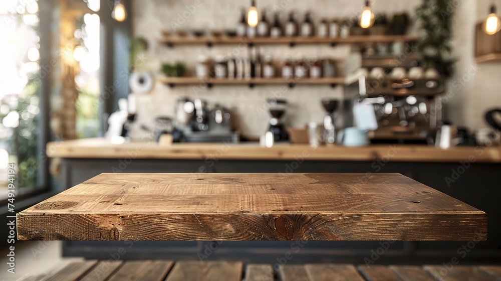 Wooden board empty Table Top And Blur Interior over blur in coffee shop Background, Mock up for display of product Wooden board empty Table Top And Blur Interior over blur in coffee shop Background, Mock up for display of product