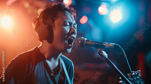 A man wearing headphone while singing in front of microphone against music studio background, background image, generative AI