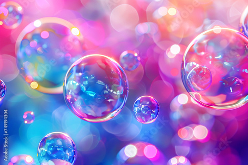 Bright, colorful soap bubbles, translucent and spherical, floating freely, creating a beautiful abstract pattern