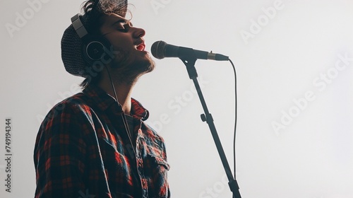 A man wearing headphone while singing in front of microphone against clean white background, background image, generative AI