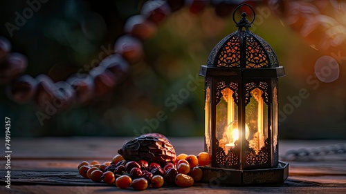 Low light photo of Lantern, Dates fruit and rosary beads for Ramadan and Eid greeting. copy space - generative ai