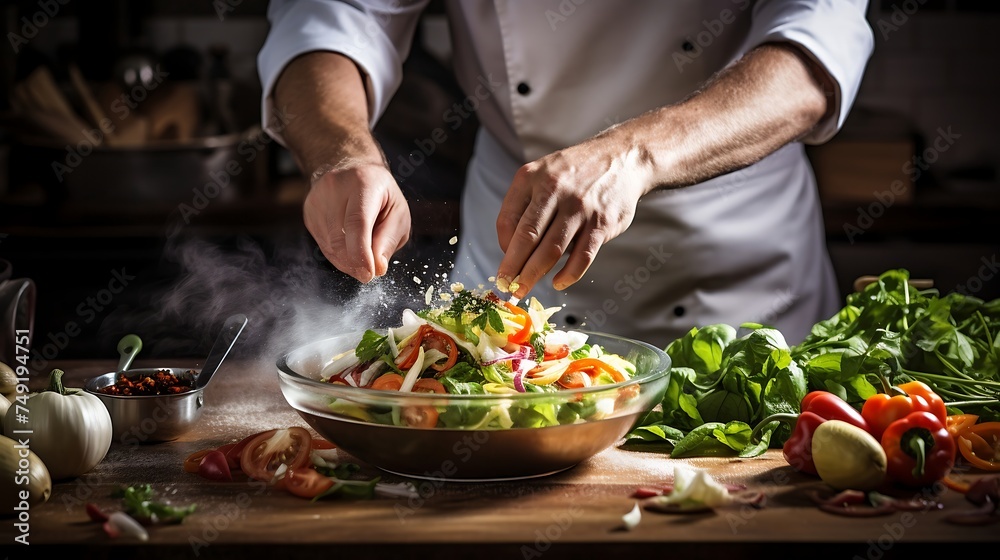 Closeup of male hands cooking salad in the kitchen