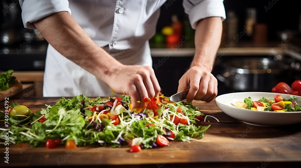 Closeup of male hands cooking salad in the kitchen