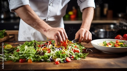 Closeup of male hands cooking salad in the kitchen