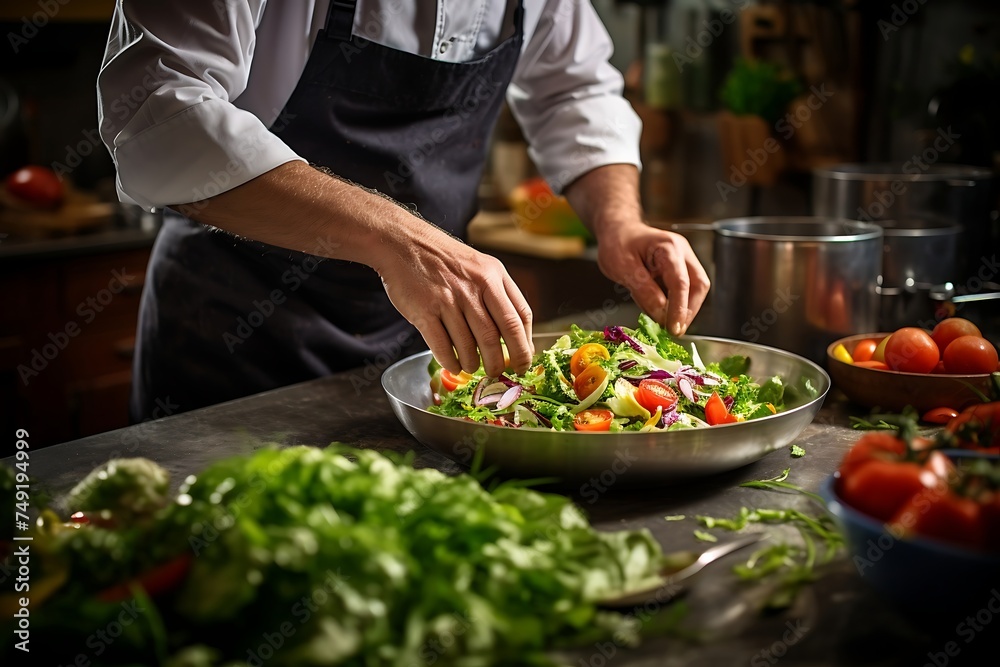 Close up of male hands mixing fresh salad in bowl