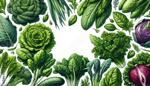 detailed illustration of an assortment of leafy green vegetables photo