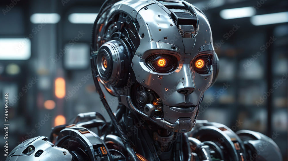 Robot face, artificial intelligence. Threat to humanity, generative AI Robot face, artificial intelligence. Threat to humanity, generative AI