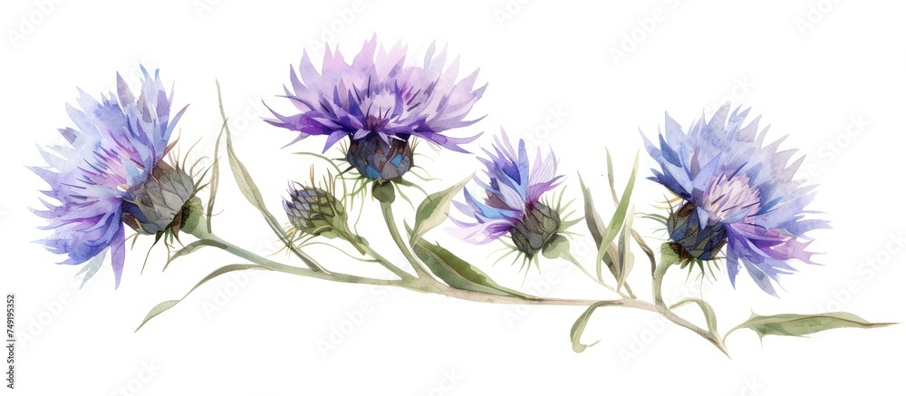 This painting features vibrant purple flowers set against a clean white background. The delicate petals of the flowers are detailed with shades of purple, creating a striking contrast against the