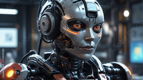 Robot face, artificial intelligence. Threat to humanity, generative AI