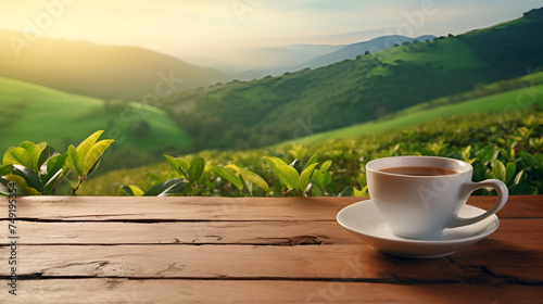 Tea leaves and a cup on a wooden table with a tea plantation backdrop,Tea cup standing on the wooden table with tea plantation on background