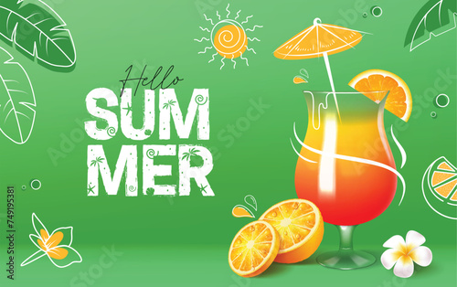 Summer hello greeting vector design. Hello summer text with glass orange drink beverage in green background for season tropical hot refreshment promotion. Vector illustration summer greeting 