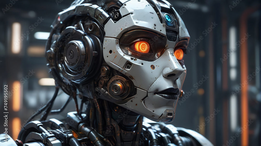 Robot face, artificial intelligence. Threat to humanity, generative AI Robot face, artificial intelligence. Threat to humanity, generative AI