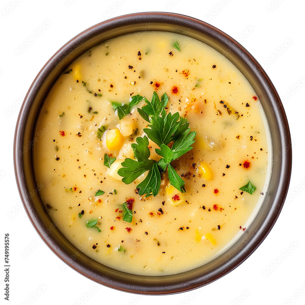 top view of a delicious-looking Corn Chowder Soup kept in food photography style isolated on a white transparent background top view of a delicious-looking Corn Chowder Soup kept in food photography style isolated on a white transparent background
