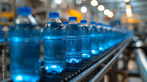 Conveyor belt, juice in bottles, beverage factory interior in blue color, industrial production line.