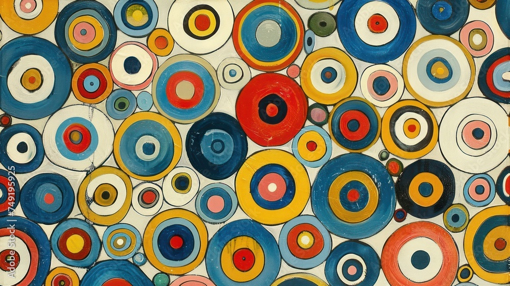 a painting of many different colored circles on a white background with red, yellow, blue, and green circles.
