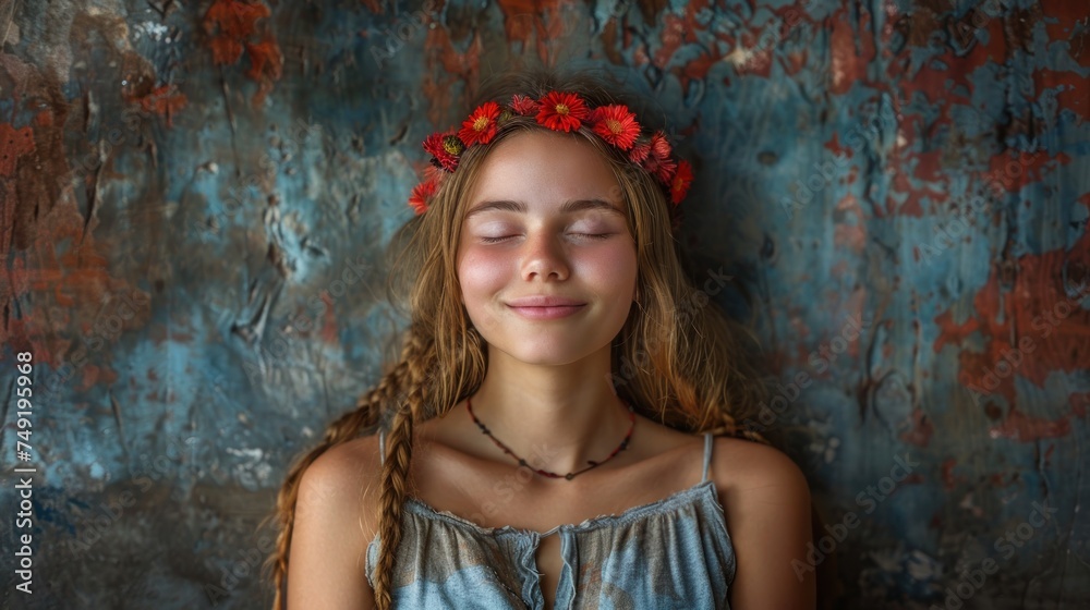 a young girl with a flower crown on her head and eyes closed in front of a grungy wall. a young girl with a flower crown on her head and eyes closed in front of a grungy wall.