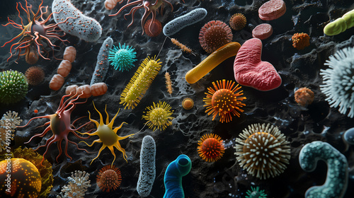 Microscopic view of various species of bacteria and other microbe on intestine surface . 3D illustration style . photo