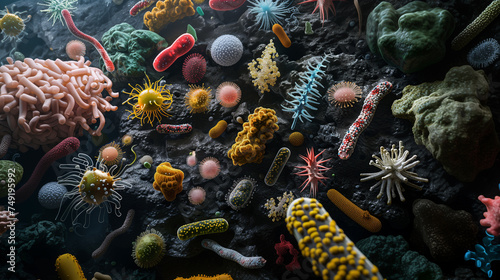 Microscopic view of various species of bacteria and other microbe on intestine surface . 3D illustration style . photo