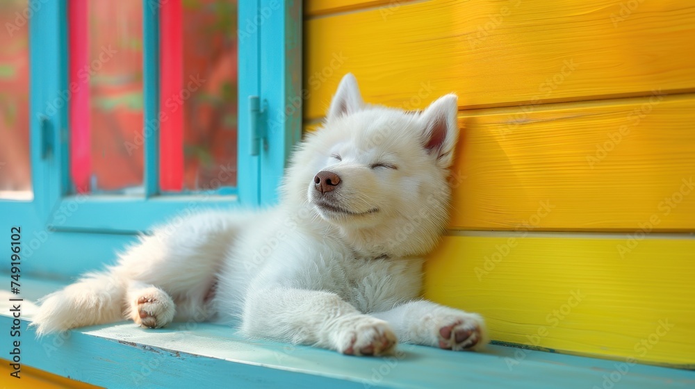 a white dog laying on top of a window sill next to a blue and yellow window sill on a sunny day.
