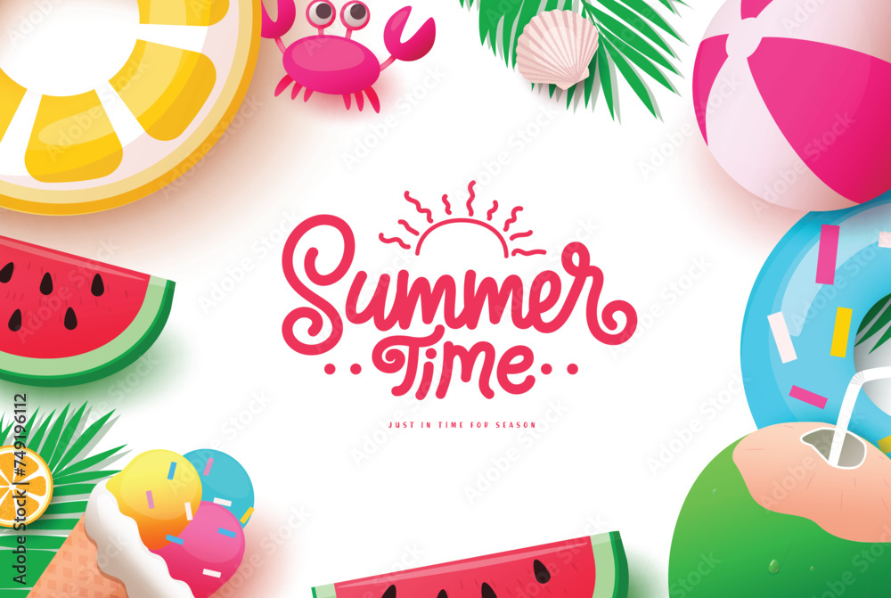 Summer time greeting vector template design. Summer time text greeting with colorful beach elements for holiday season tropical background. Vector illustration summer time template.
Summer time greeting vector template design. Summer time text greeting with colorful beach elements for holiday season tropical background. Vector illustration summer time template.