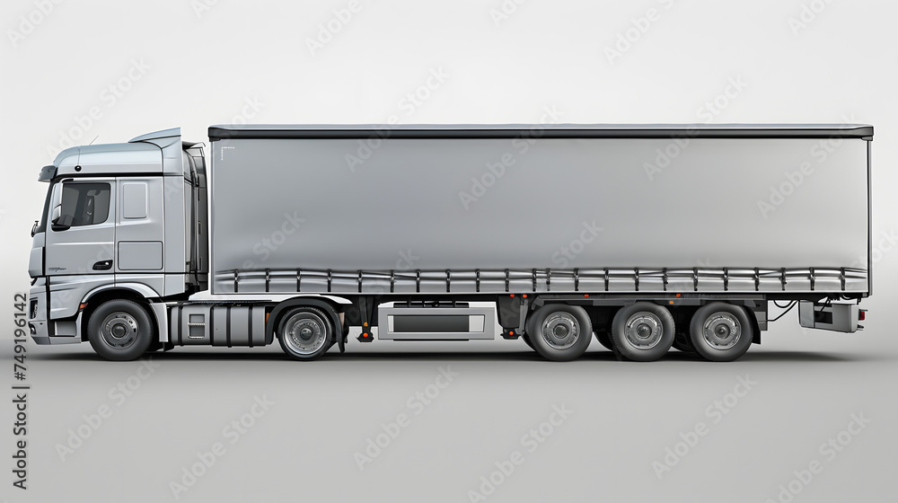 A future silver semi truck is shown from the side view. It has a black and white striped trailer and black wheels. 