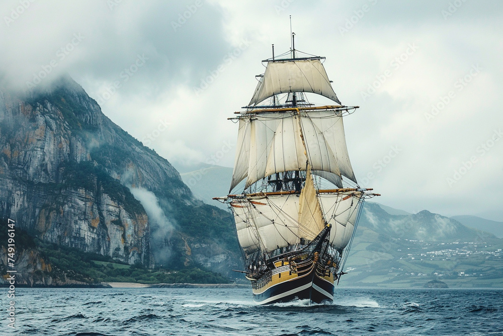Historical frigate sailing on open water, a journey back in time, maritime travel and exploration at its finest - obrazy, fototapety, plakaty 
