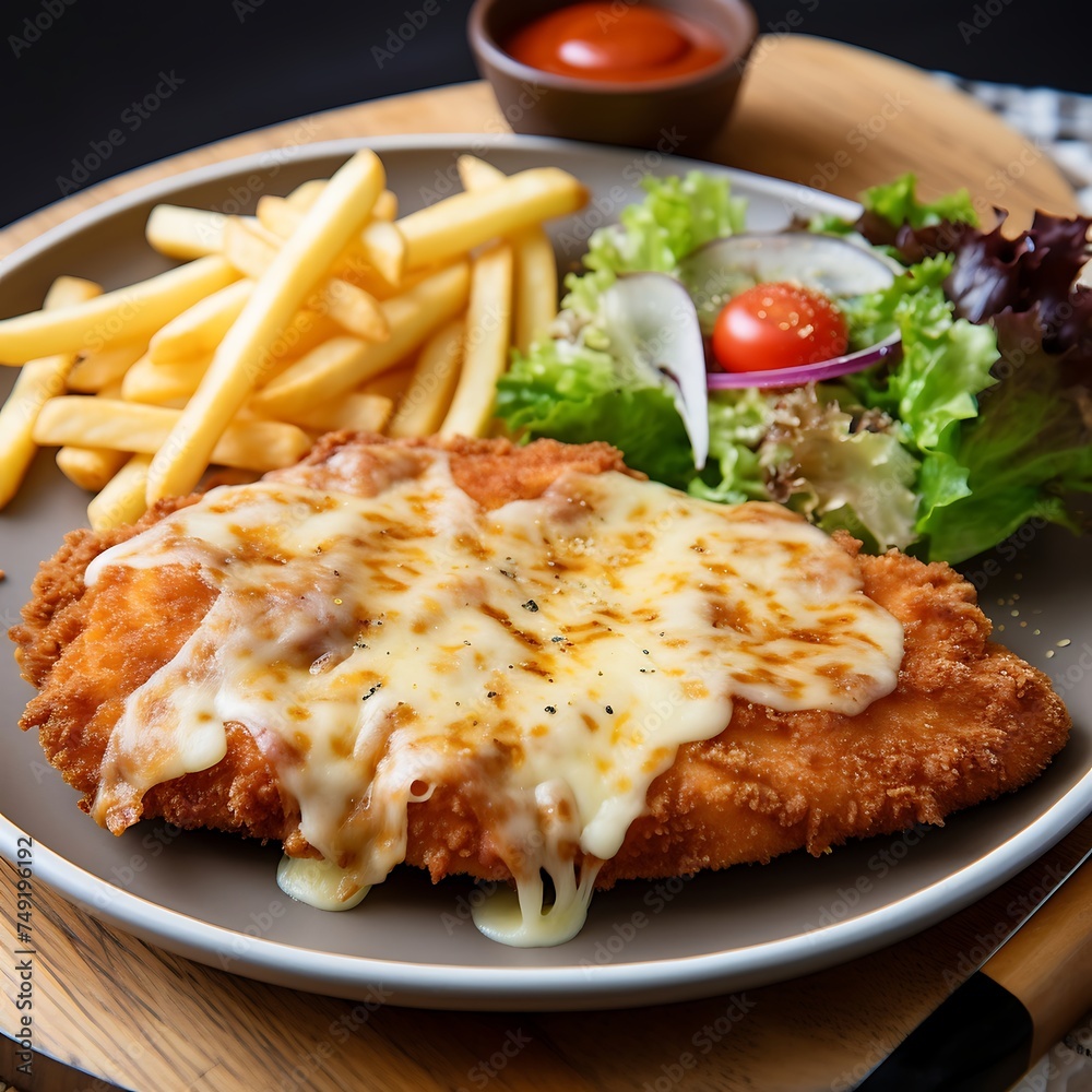 Fried chicken breast with cheese, french fries and salad on plate Fried chicken breast with cheese, french fries and salad on plate
