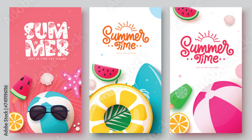 Summer time text vector poster set. Summer time greeting with beachball, sunglasses, floaters and watermelon decoration elements for tropical season collection. Vector illustration summer time 
